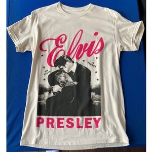 Elvis Presley Graphic Tee Cream Pink Black On Stage In Person Mens Medium